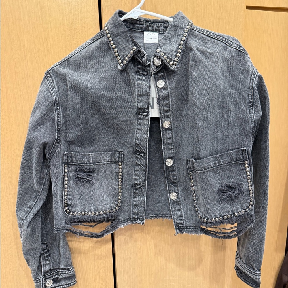 Zara Gray Washed Studded Cropped Denim Jacket